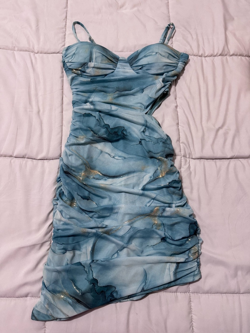 privy Blue Marble Ruched Mini Dress with Gold Accents